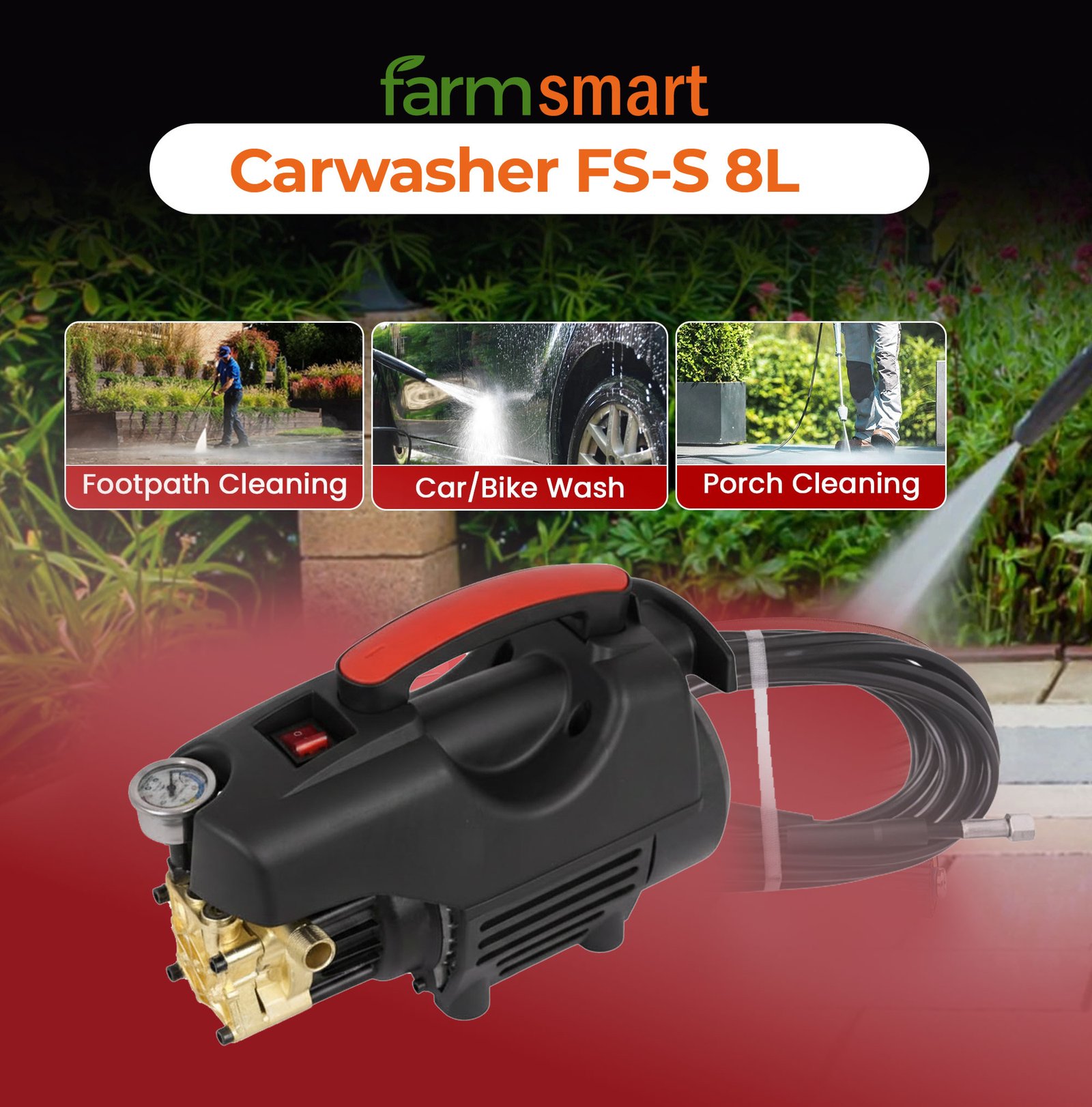 FarmSmart Car Washer FS-S 8L High-power with brass pump head 1800W motor 120–150 bar pressure 7.5 LTR/Min Water Flow, 15 ft hose pipe and straight lance Ideal for Car Wash and multi-surface cleaning - Image 6