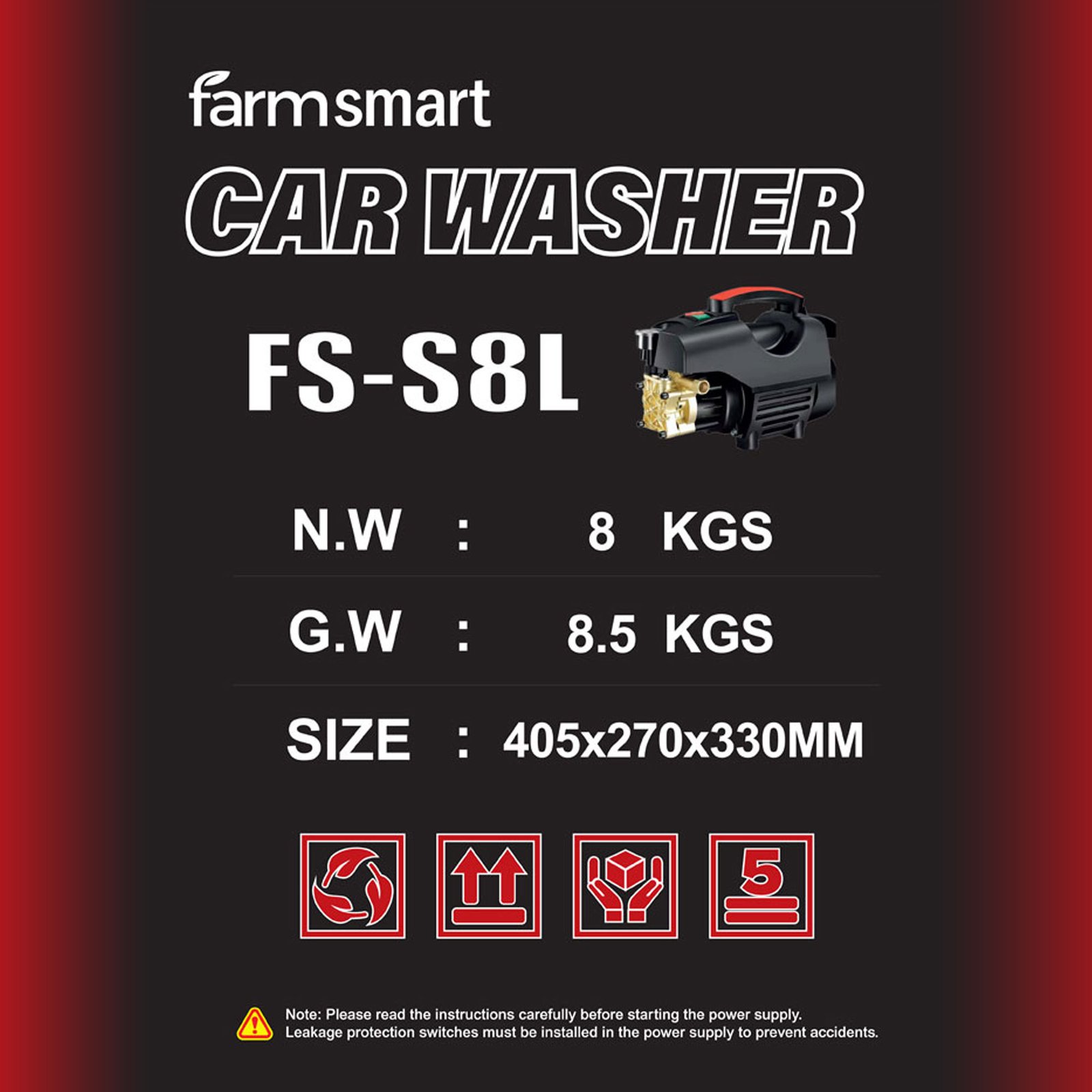 FarmSmart Car Washer FS-S 8L High-power with brass pump head 1800W motor 120–150 bar pressure 7.5 LTR/Min Water Flow, 15 ft hose pipe and straight lance Ideal for Car Wash and multi-surface cleaning - Image 3