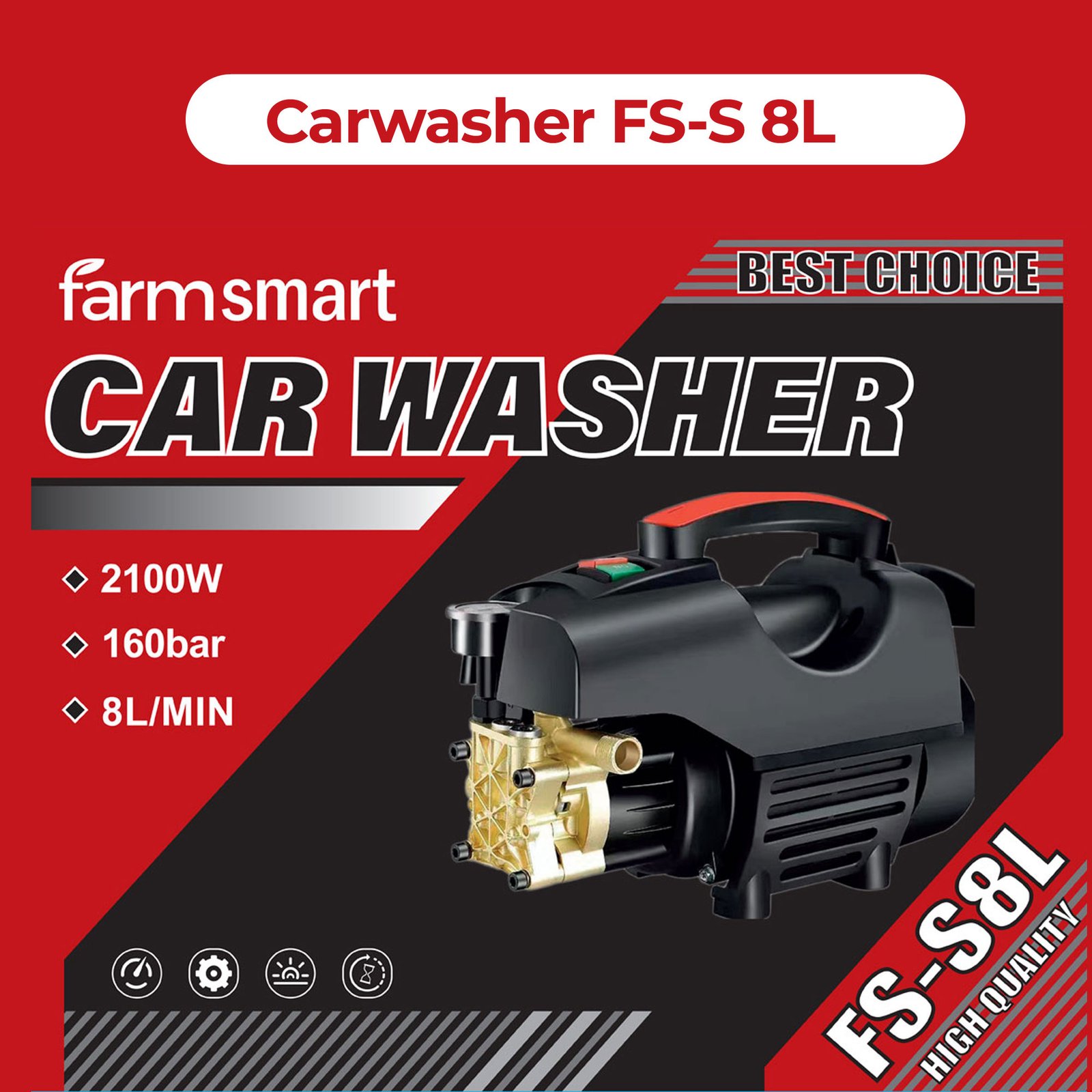 FarmSmart Car Washer FS-S 8L High-power with brass pump head 1800W motor 120–150 bar pressure 7.5 LTR/Min Water Flow, 15 ft hose pipe and straight lance Ideal for Car Wash and multi-surface cleaning - Image 2